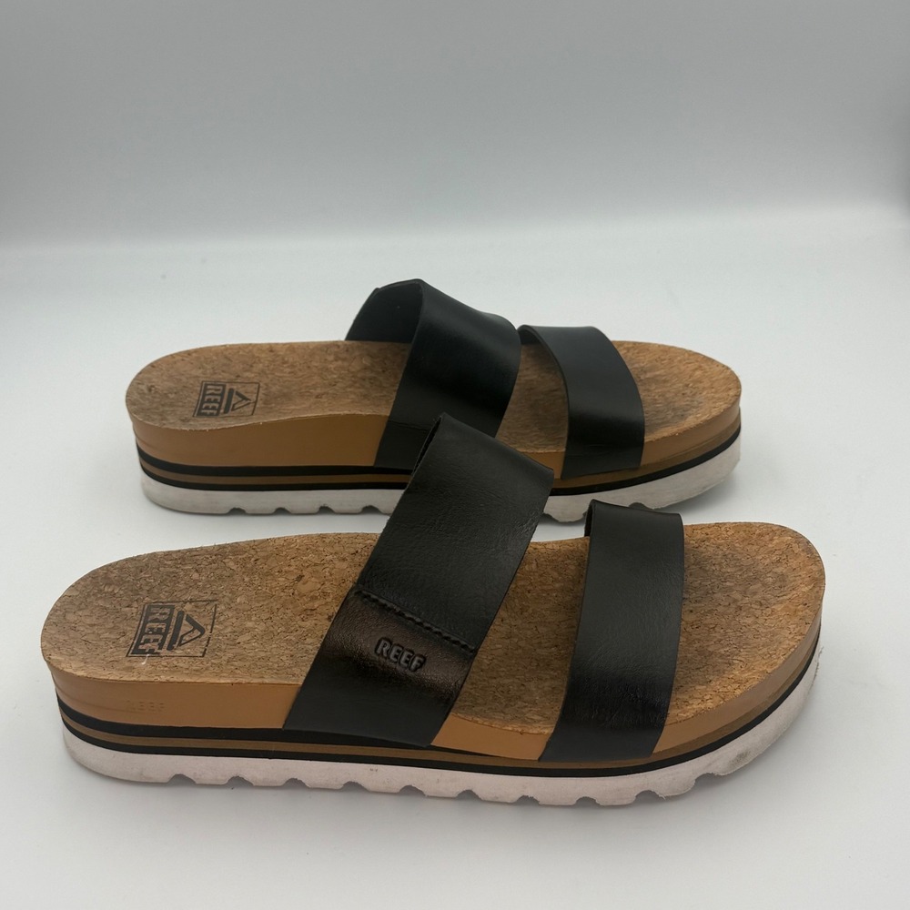 Reef Cushion Vista Hi Black Platform Sandals Cork Footbed Womens 8 K-21 FYC